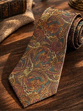 St Michael Silk Paisley Tie Made in Canada Vintage Lux Mens Necktie Green Gold